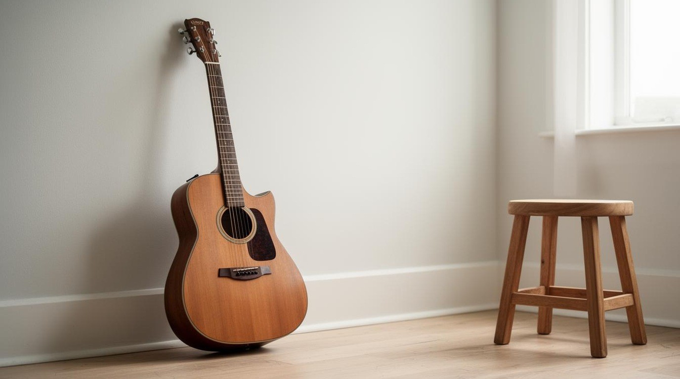 An acoustic guitar leaning against a wall in a bright room