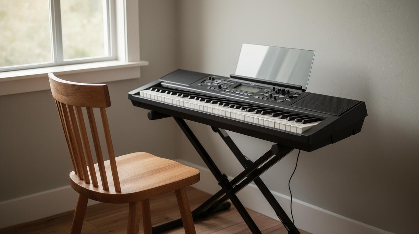 A digital keyboard on a stand beside a wooden chair in a quiet room