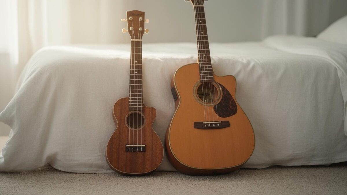 A ukulele and an acoustic guitar leaning side by side on a bed